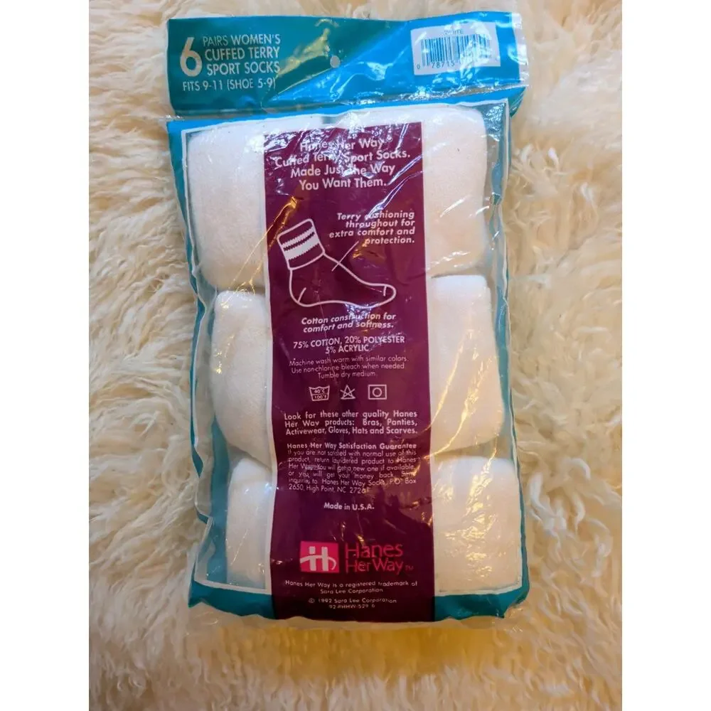 Vtg NOS Hanes Her Way Terry Crew Socks Size 9-11 6 Pack New Sealed USA Made Y2K